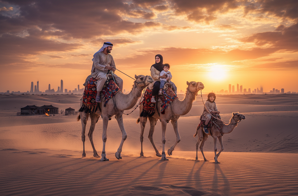 Family riding camels